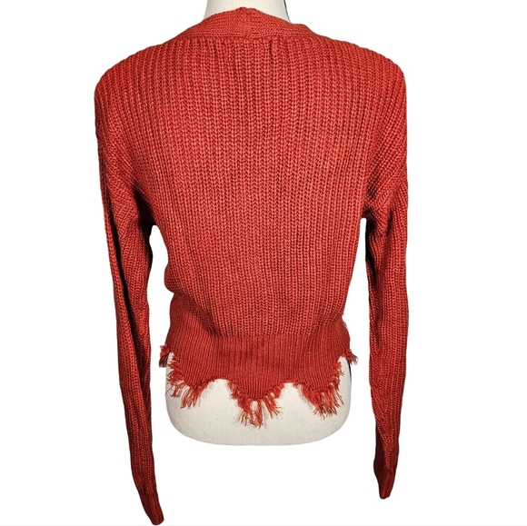 Love Tree Distressed V Neck Button Up Cropped Cardigan, Burnt Orange, Small - Picture 4 of 14